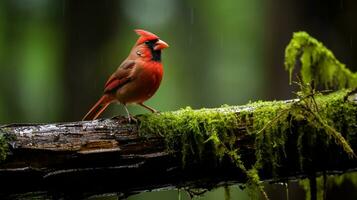 photo de une nord cardinal permanent sur une déchue arbre branche à Matin. génératif ai