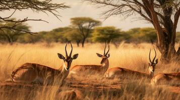 photo de une troupeau de impala repos dans un ouvert zone sur le savane. génératif ai