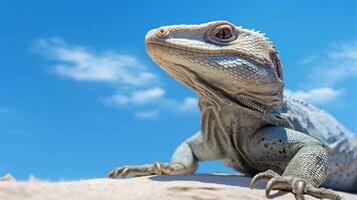 photo de une désert moniteur lézard dans une désert avec bleu ciel. génératif ai