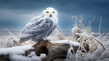 photo de une neigeux hibou permanent sur une déchue arbre branche à Matin. génératif ai