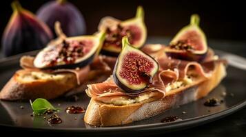 photo de figure et prosciutto Crostini comme une plat dans une haut de gamme restaurant. génératif ai