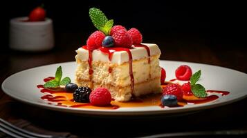 photo de tres leches gâteau comme une plat dans une haut de gamme restaurant. génératif ai