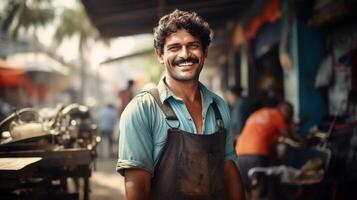 photo de Masculin ouvrier sourire à la recherche caméra. génératif ai