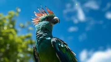 photo de une quetzal en dessous de bleu ciel. génératif ai