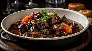 photo de du boeuf bourguignon comme une plat dans une haut de gamme restaurant. génératif ai