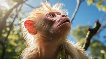 photo de uakari singe dans là forêt avec bleu ciel. génératif ai