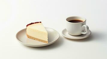 photo de une tasse de café avec fromage gâteau isolé sur noir Contexte
