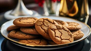 photo de gingembre mélasse biscuits comme une plat dans une haut de gamme restaurant. génératif ai