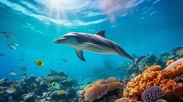 photo de dauphin avec divers poisson entre en bonne santé corail récifs dans le bleu océan. génératif ai