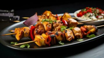 photo de poulet brochettes comme une plat dans une haut de gamme restaurant. génératif ai