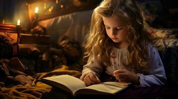peu fille en train de lire une livre dans le bibliothèque avec l'automne feuilles autour son. génératif ai photo