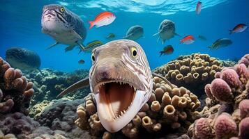 photo de anguille avec divers poisson entre en bonne santé corail récifs dans le bleu océan. génératif ai