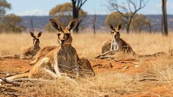 photo de une troupeau de kangourou repos dans un ouvert zone sur le savane. génératif ai
