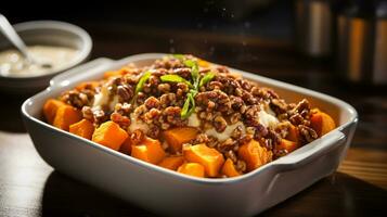 photo de sucré Patate casserole comme une plat dans une haut de gamme restaurant. génératif ai