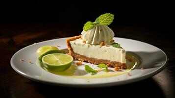 photo de clé citron vert tarte comme une plat dans une haut de gamme restaurant. génératif ai