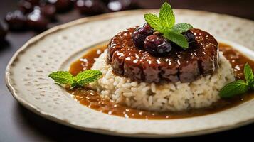 photo de riz et Date pudding - ros bel tamr comme une plat dans une haut de gamme restaurant. génératif ai