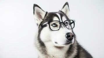 photo de une sibérien rauque chien en utilisant lunettes isolé sur blanc Contexte. génératif ai