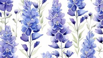 sans couture modèle de delphinium fleur dans aquarelle style isolé sur blanc Contexte. delphinium fleur texture Contexte. génératif ai photo