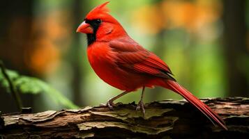 photo de une nord cardinal permanent sur une déchue arbre branche à Matin. génératif ai