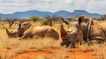 photo de une troupeau de rhinocéros repos dans un ouvert zone sur le savane. génératif ai