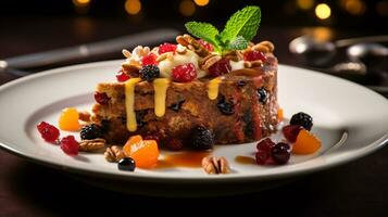 photo de gâteau aux fruits comme une plat dans une haut de gamme restaurant. génératif ai