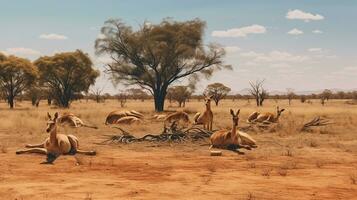photo de une troupeau de kangourou repos dans un ouvert zone sur le savane. génératif ai