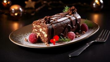 photo de buche de noel comme une plat dans une haut de gamme restaurant. génératif ai