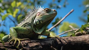 photo de iguane dans là forêt avec bleu ciel. génératif ai