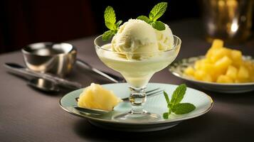 photo de pina colada sorbet comme une plat dans une haut de gamme restaurant. génératif ai