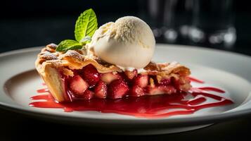 photo de Rhubarbe tarte comme une plat dans une haut de gamme restaurant. génératif ai