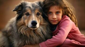 selfie photo de une peu garçon avec le sien chien . génératif ai