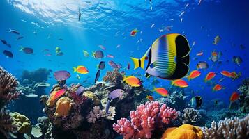 photo de poisson ange avec divers poisson entre en bonne santé corail récifs dans le bleu océan. génératif ai