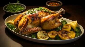 photo de citron herbe rôti poulet comme une plat dans une haut de gamme restaurant. génératif ai