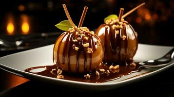 photo de caramel pommes comme une plat dans une haut de gamme restaurant. génératif ai