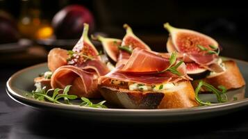 photo de figure et prosciutto Crostini comme une plat dans une haut de gamme restaurant. génératif ai