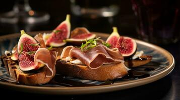 photo de figure et prosciutto Crostini comme une plat dans une haut de gamme restaurant. génératif ai