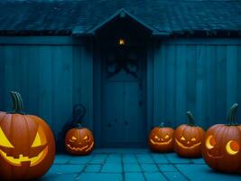 citrouilles sur de face de Accueil effrayant nuit Halloween ai généré photo
