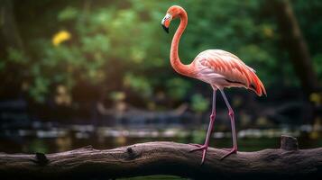 photo de une flamant permanent sur une déchue arbre branche à Matin. génératif ai