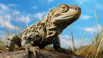 photo de une tegu lézard en dessous de bleu ciel. génératif ai