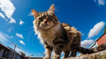 photo de une chat en dessous de bleu ciel. génératif ai