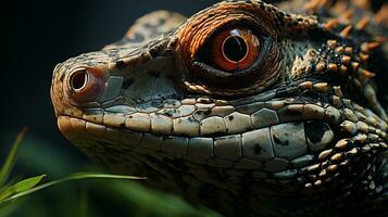 fermer photo de une moniteur lézard à la recherche dans leur habitat. génératif ai