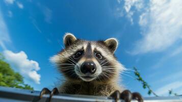 photo de une raton laveur en dessous de bleu ciel. génératif ai