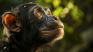 fermer photo de une chimpanzé à la recherche tout direction sur jungle. génératif ai