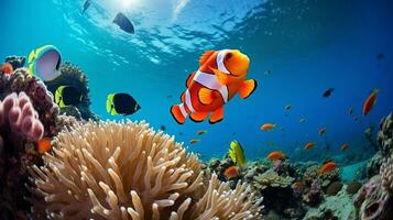 photo de poisson clown avec divers poisson entre en bonne santé corail récifs dans le bleu océan. génératif ai