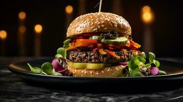 photo de végétalien Burger comme une plat dans une haut de gamme restaurant. génératif ai