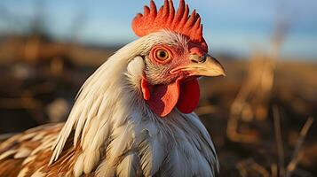 fermer photo de une poulet à la recherche tout direction. génératif ai