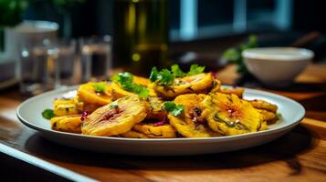 photo de tostones - frit plantains comme une plat dans une haut de gamme restaurant. génératif ai