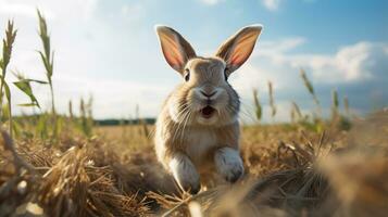 photo de une lapin dans le les terres agricoles. génératif ai