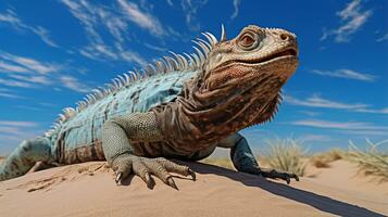 photo de une désert iguane dans une désert avec bleu ciel. génératif ai