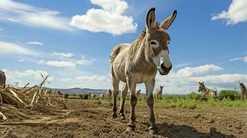 photo de une âne dans le les terres agricoles. génératif ai